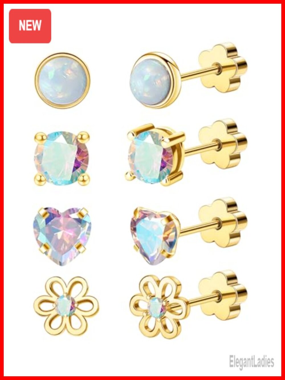 4 Pairs Hypoallergenic Surgical Steel Flat Back Stud Earrings 14K Gold 20G